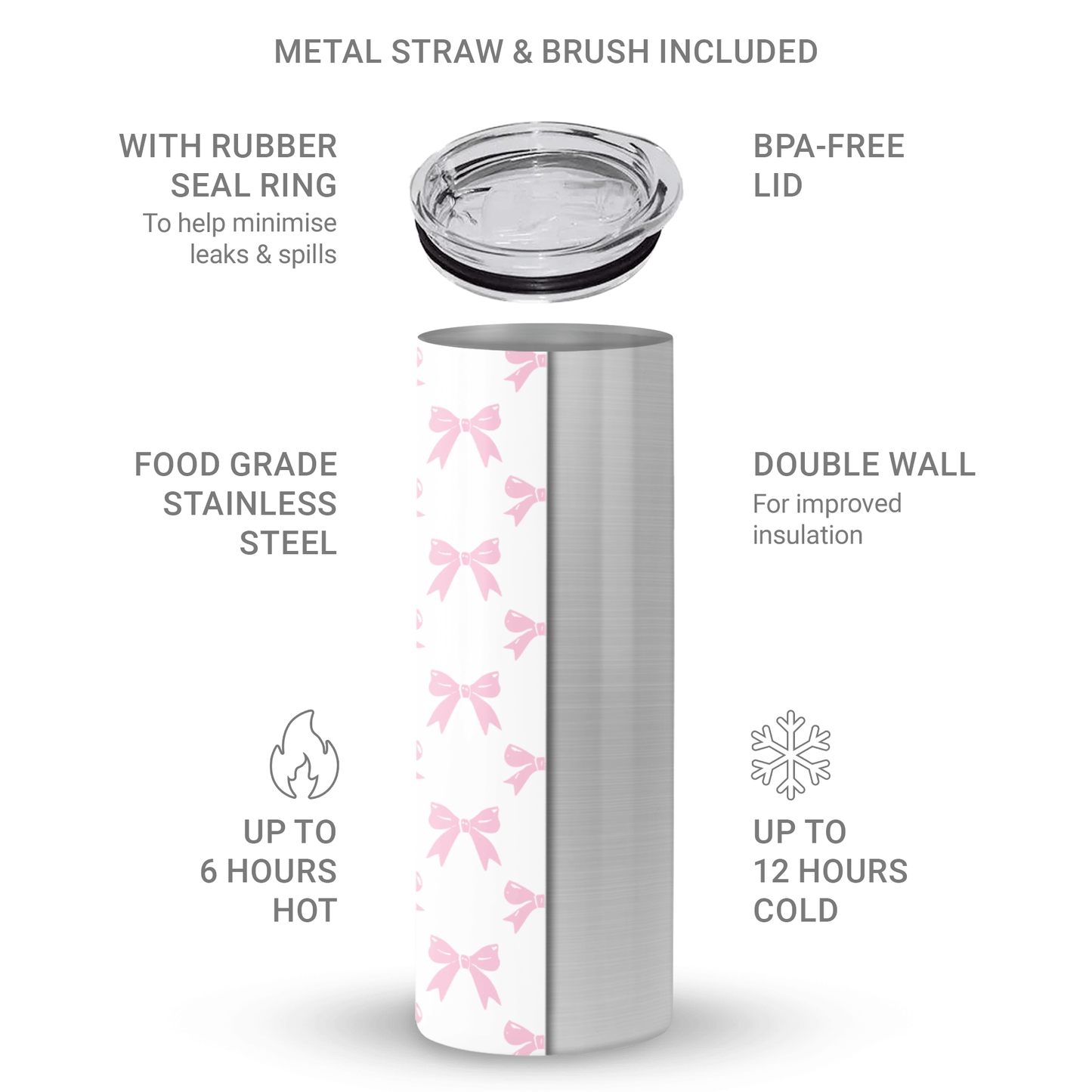 Pastel Confetti Stainless Steel Tumbler with pink bow pattern, 20oz insulated drinkware with reusable straw, feminine coquette travel cup burga
