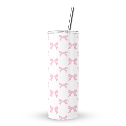 Pastel Confetti Stainless Steel Tumbler with pink bow pattern, 20oz insulated drinkware with reusable straw, feminine coquette travel cup burga