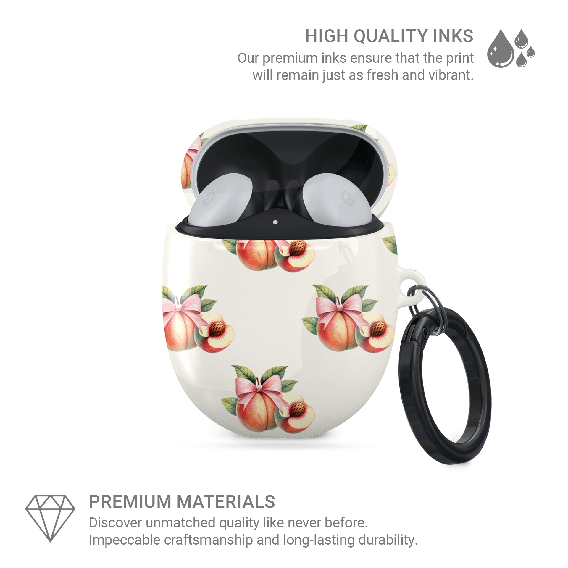 Peachy Charm | Protective Google Pixel Buds Tough Case - Case & Charm