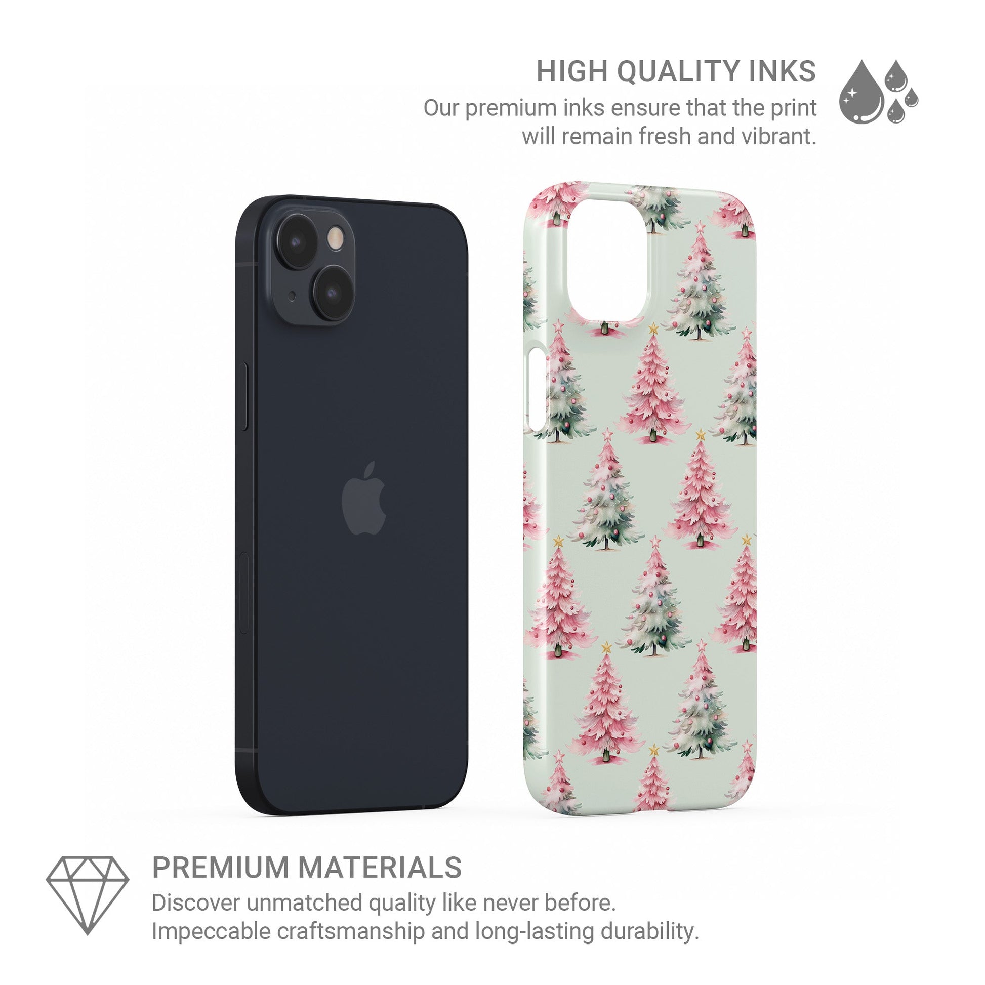 Pastel pattern of pink and mint Christmas trees with snow and small baubles protective phone case by Case & Charm Peppermint Pines design