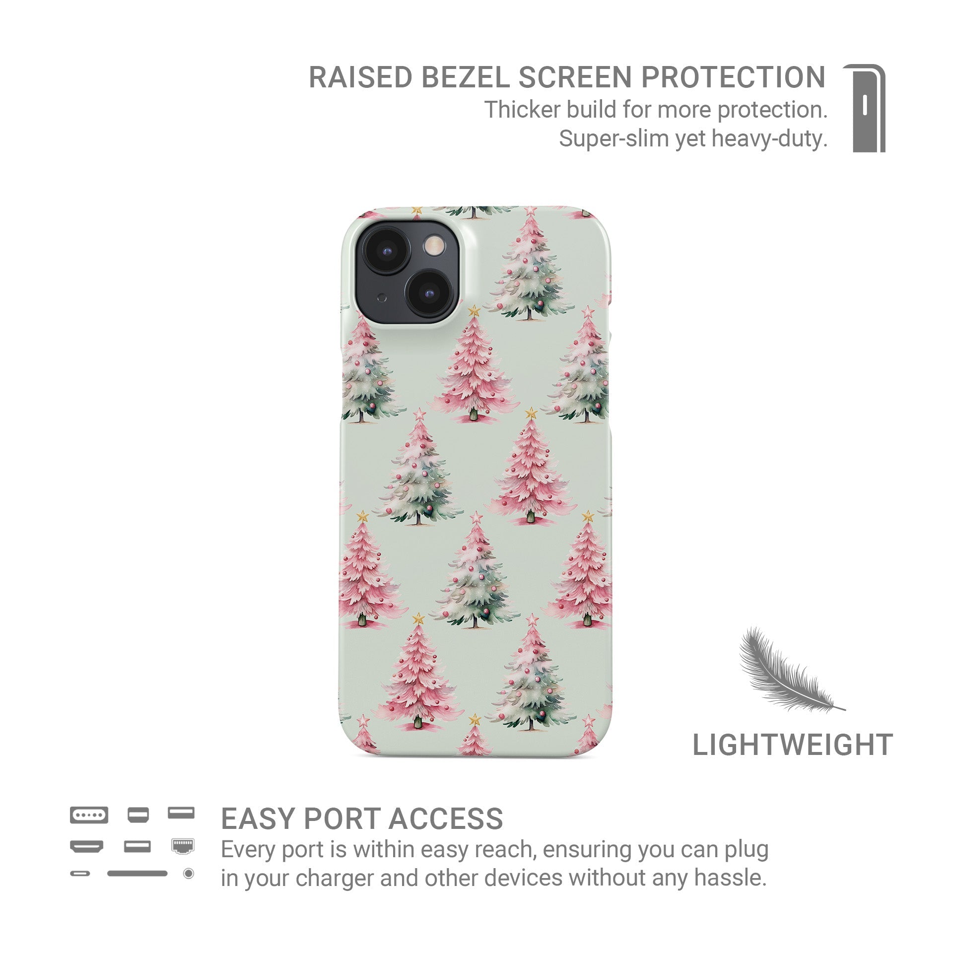 Pastel pattern of pink and mint Christmas trees with snow and small baubles protective phone case by Case & Charm Peppermint Pines design