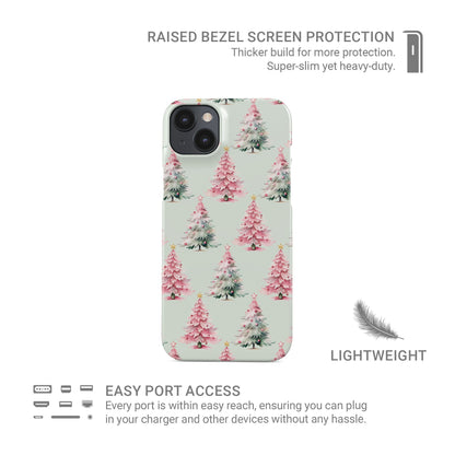 Pastel pattern of pink and mint Christmas trees with snow and small baubles protective phone case by Case & Charm Peppermint Pines design