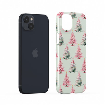 Pastel pattern of pink and mint Christmas trees with snow and small baubles protective phone case by Case & Charm Peppermint Pines design