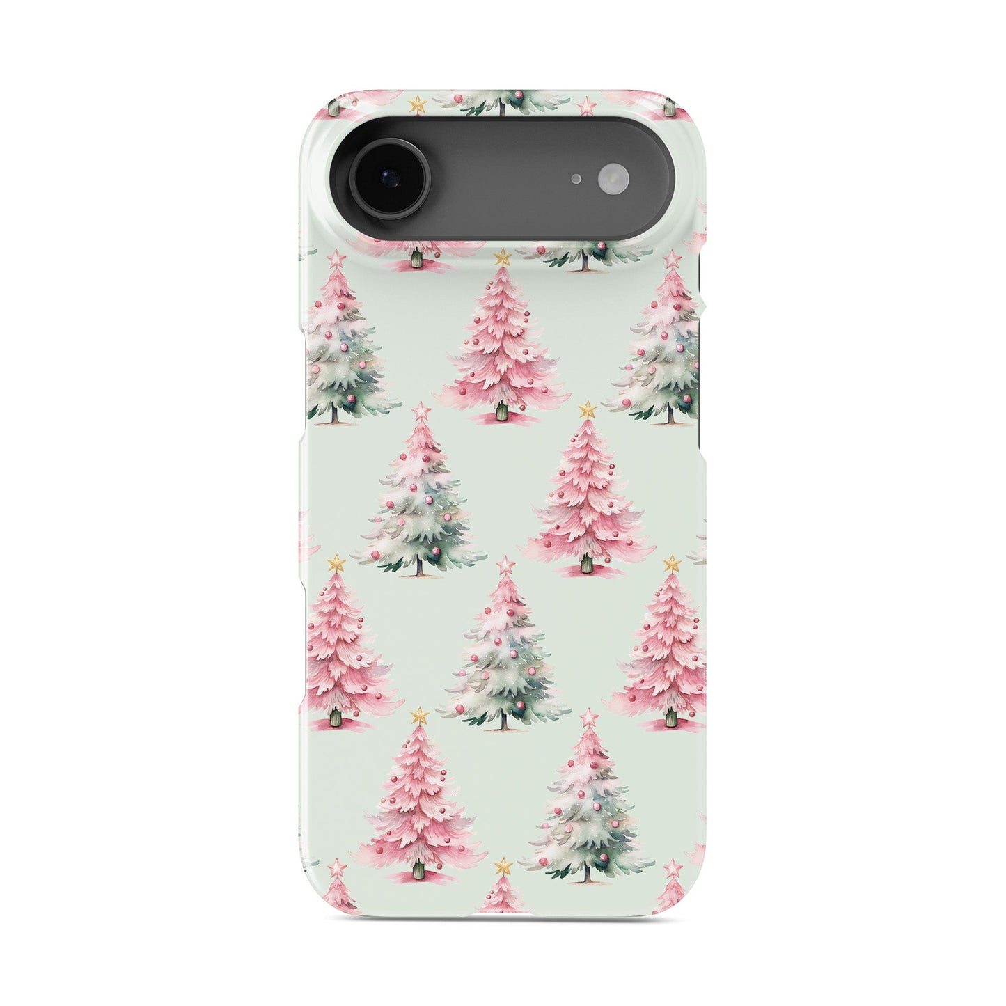 Pastel pattern of pink and mint Christmas trees with snow and small baubles protective phone case by Case & Charm Peppermint Pines design