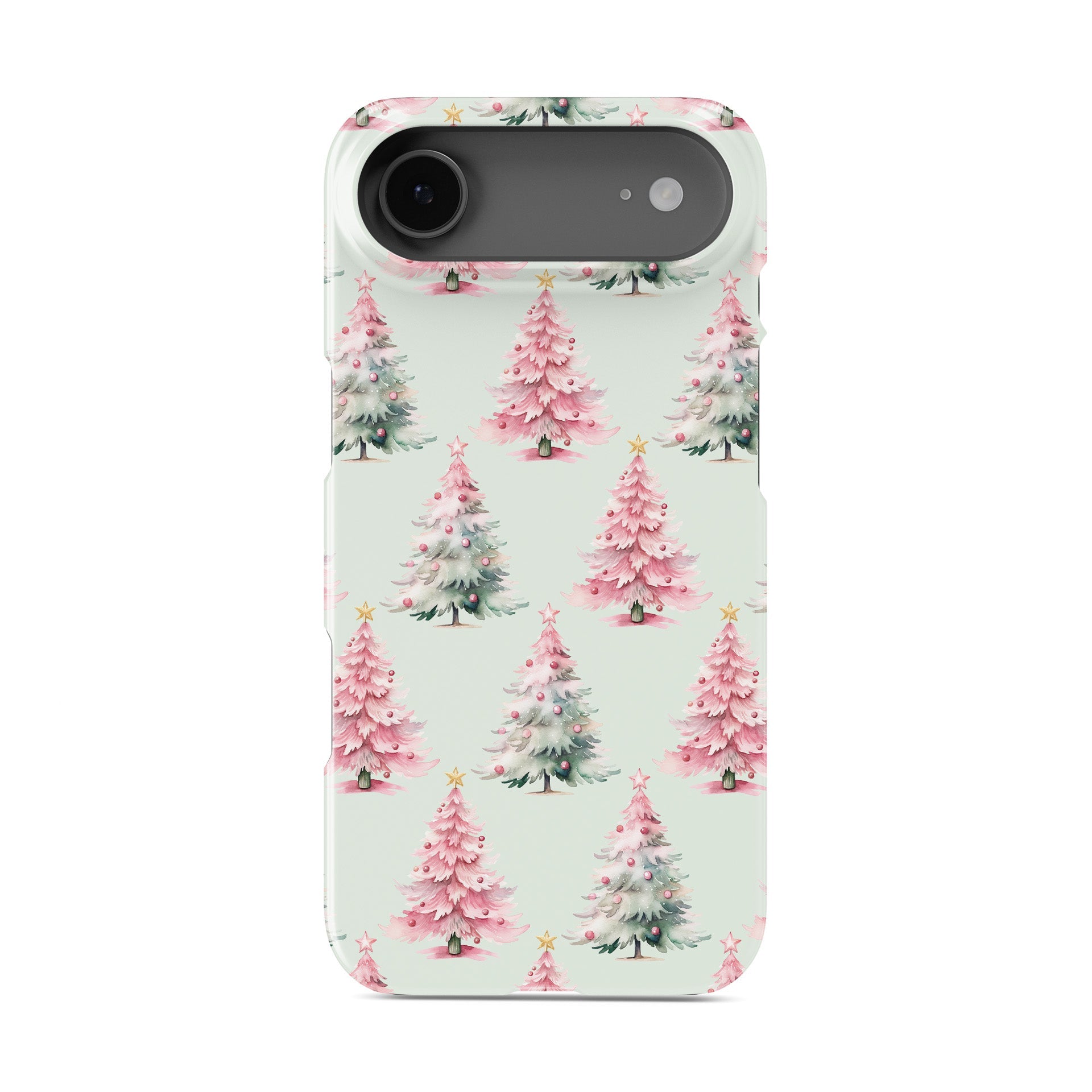 Pastel pattern of pink and mint Christmas trees with snow and small baubles protective phone case by Case & Charm Peppermint Pines design