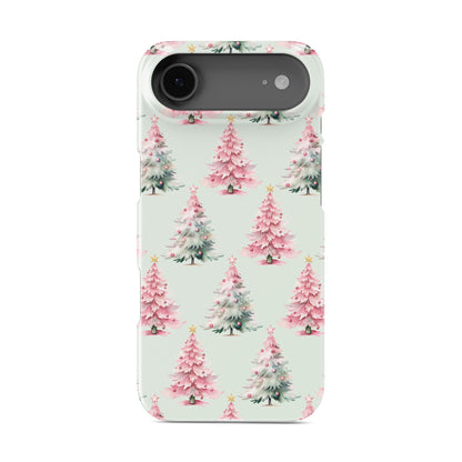 Pastel pattern of pink and mint Christmas trees with snow and small baubles protective phone case by Case & Charm Peppermint Pines design