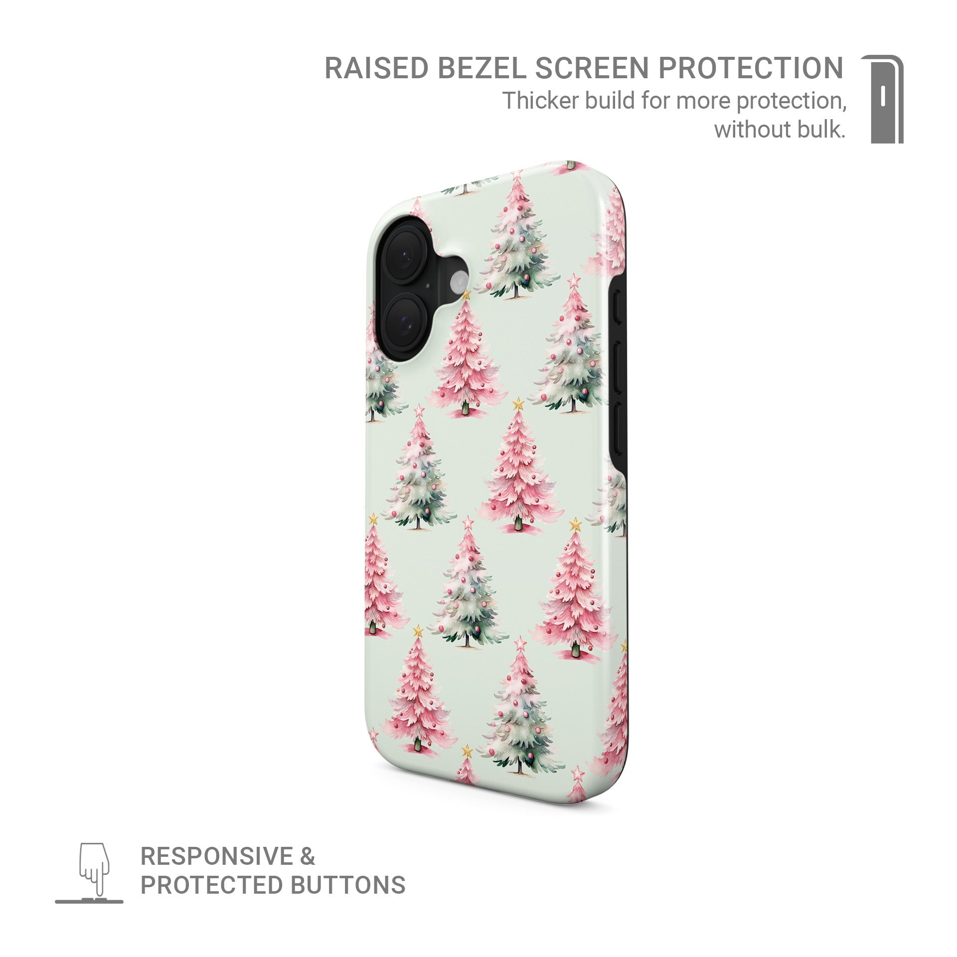 Glossy tough phone case with repeating pink and mint Christmas trees on a soft pastel background, Case & Charm Peppermint Pines design