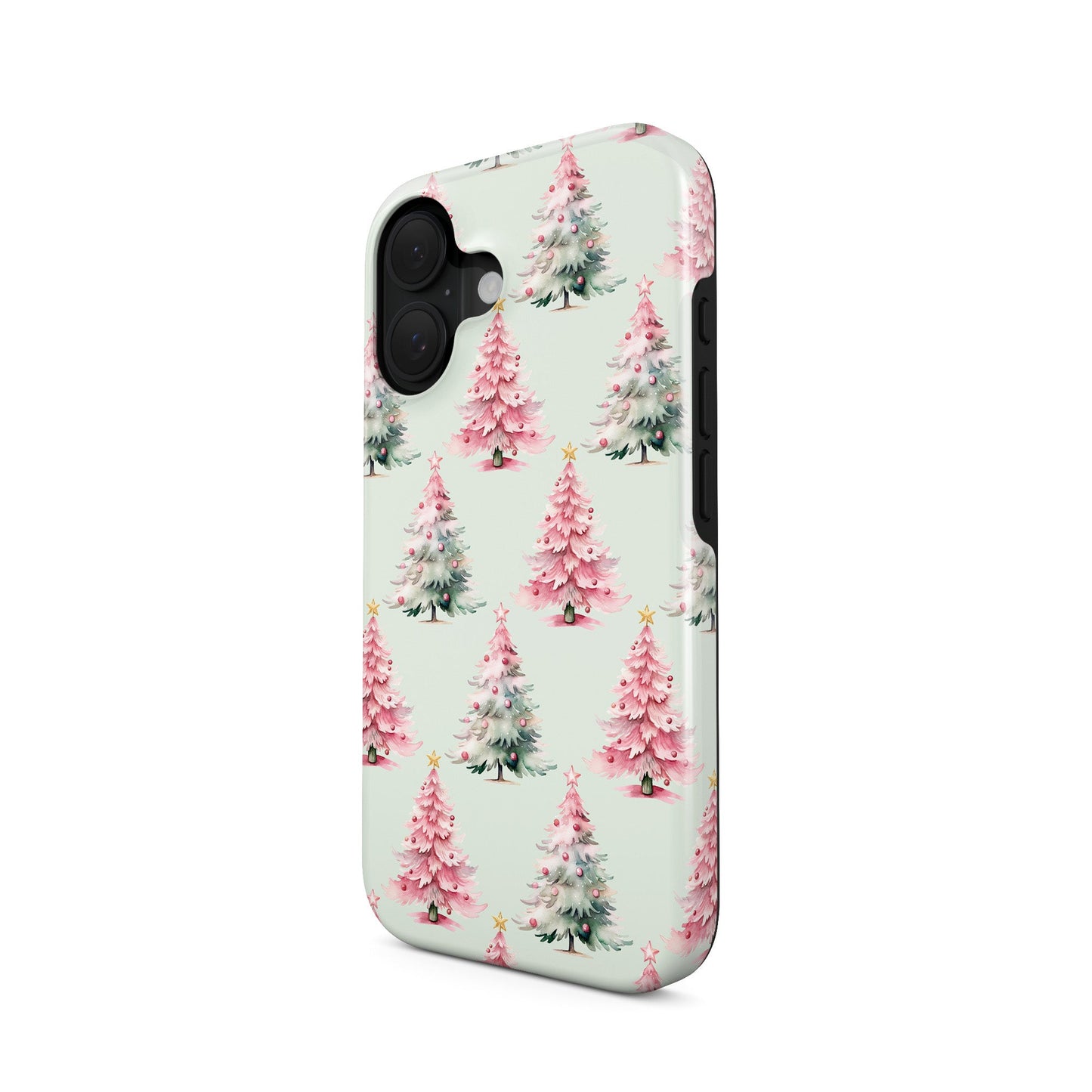 Glossy tough phone case with repeating pink and mint Christmas trees on a soft pastel background, Case & Charm Peppermint Pines design