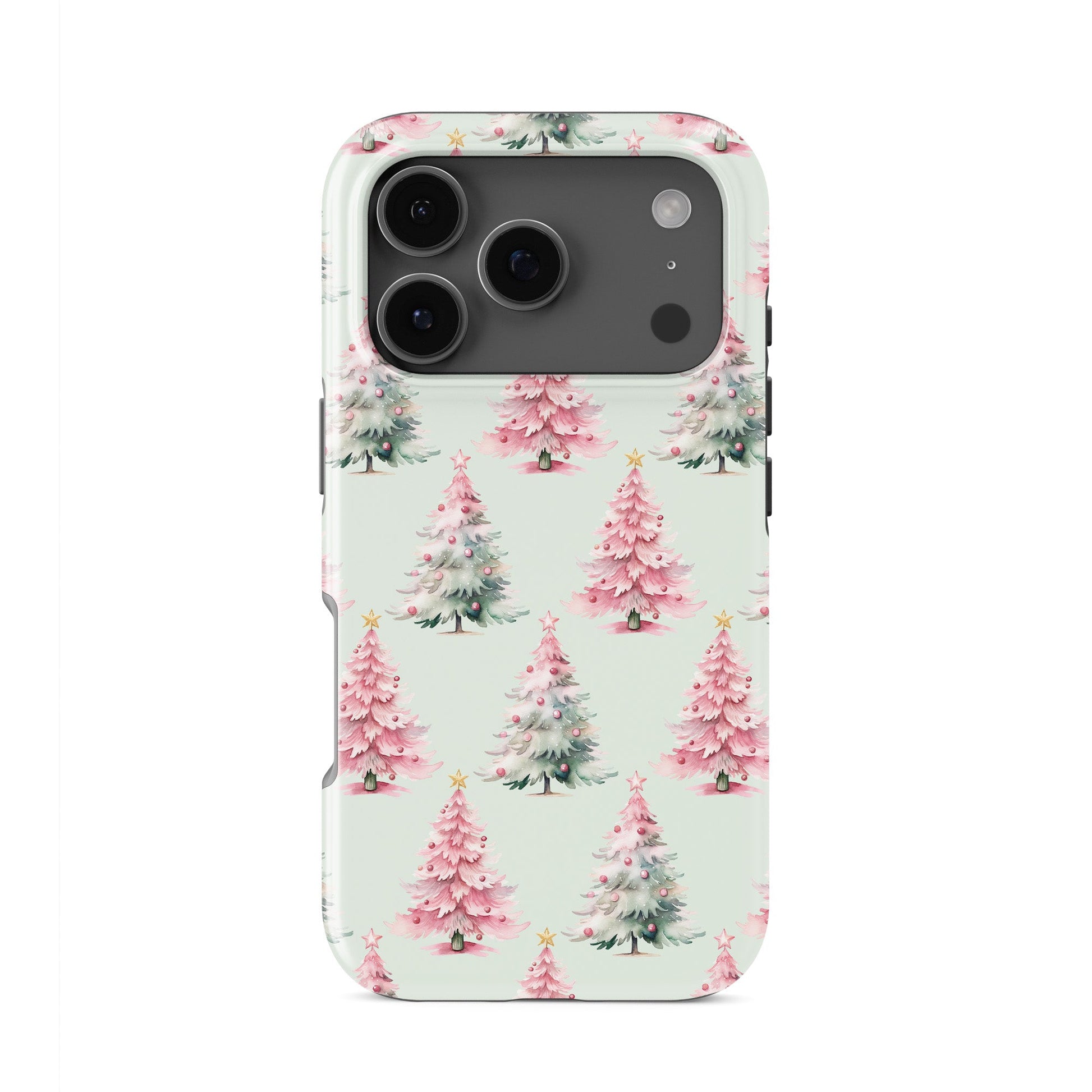Glossy tough phone case with repeating pink and mint Christmas trees on a soft pastel background, Case & Charm Peppermint Pines design