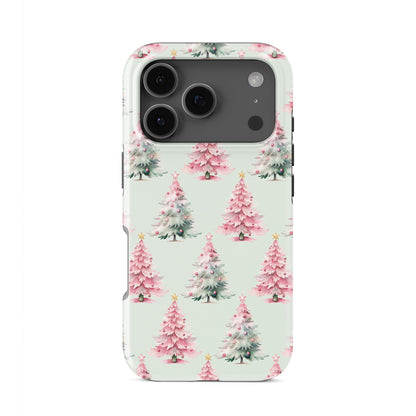 Glossy tough phone case with repeating pink and mint Christmas trees on a soft pastel background, Case & Charm Peppermint Pines design
