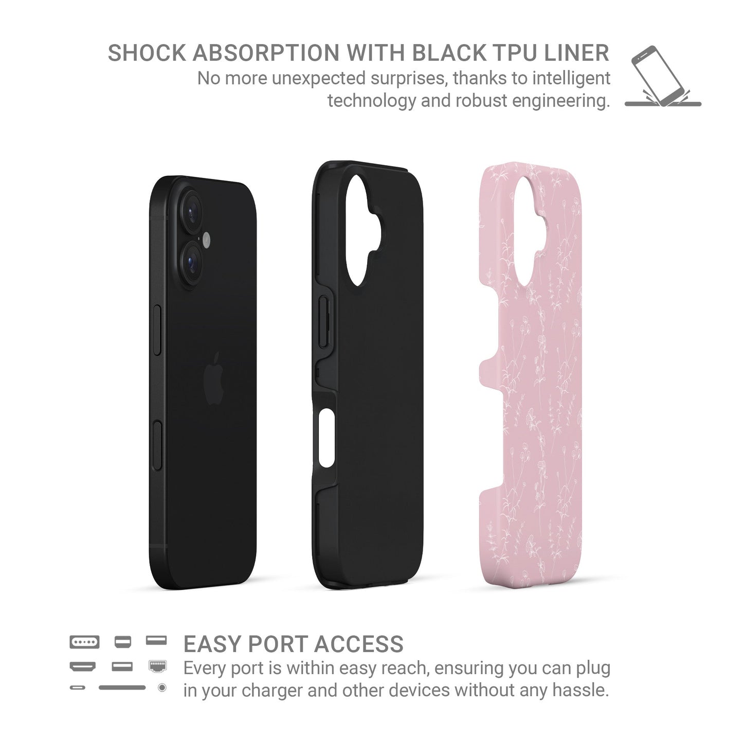 Pink boho tough protective phone case for iPhone, Samsung and Pixel