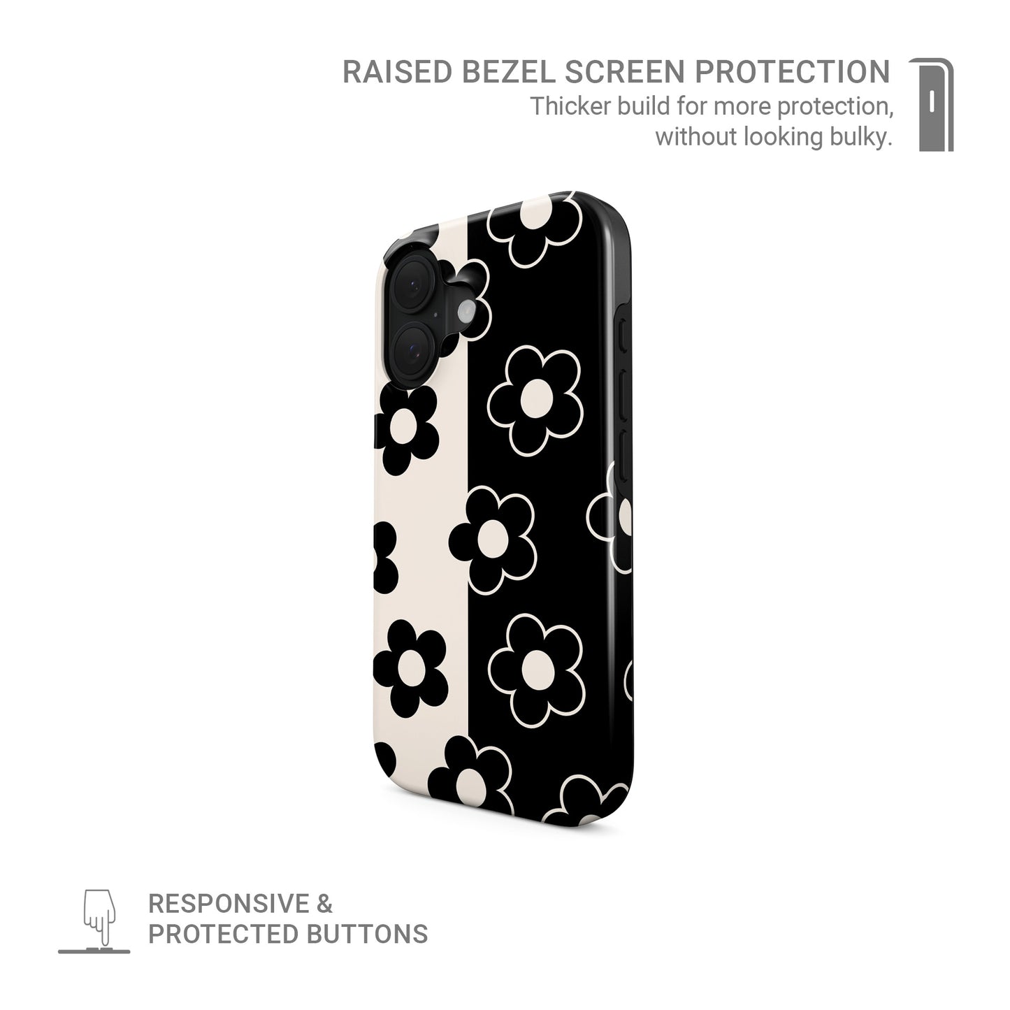 Black and cream split floral phone case with bold petal pattern, retro flower design, glossy finish tough protective phone case