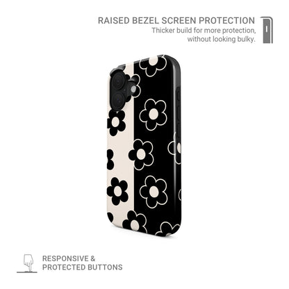 Black and cream split floral phone case with bold petal pattern, retro flower design, glossy finish tough protective phone case