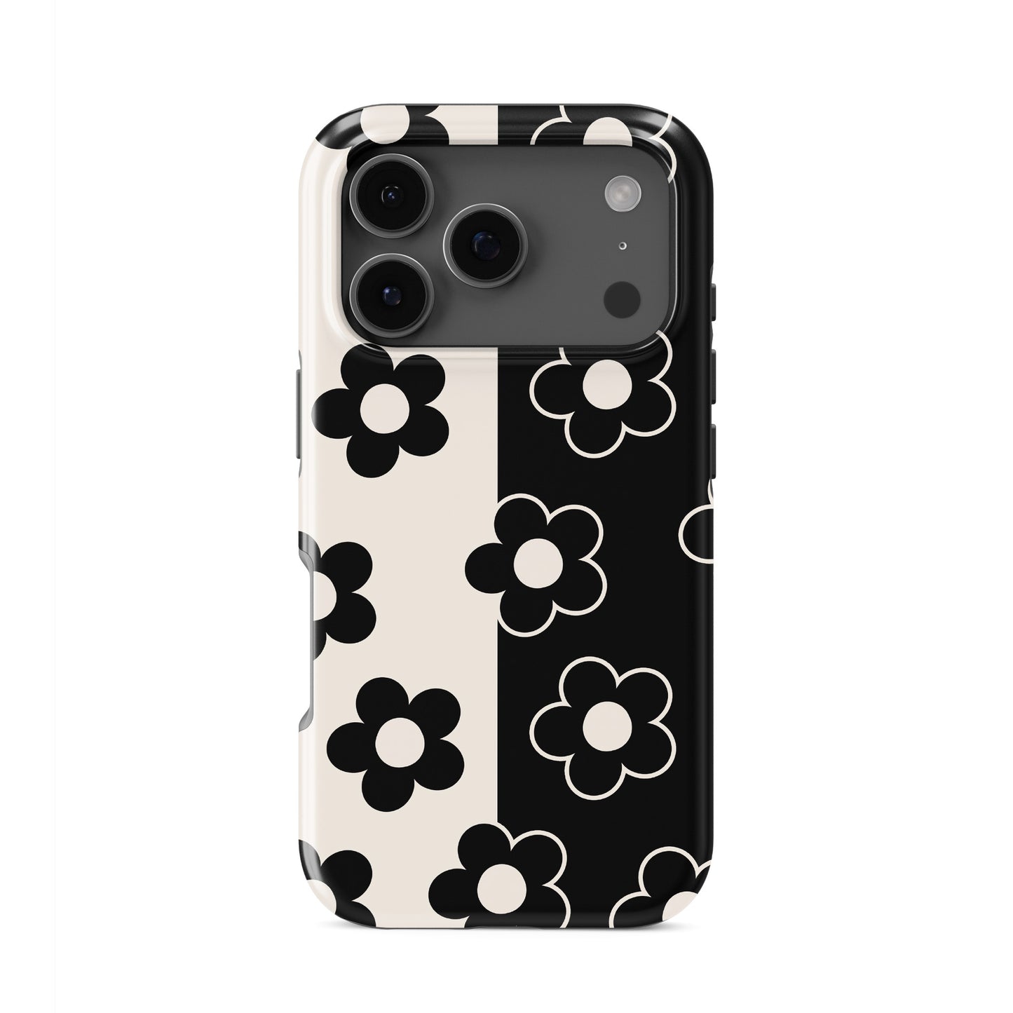Black and cream floral tough phone case with split background petal pattern design