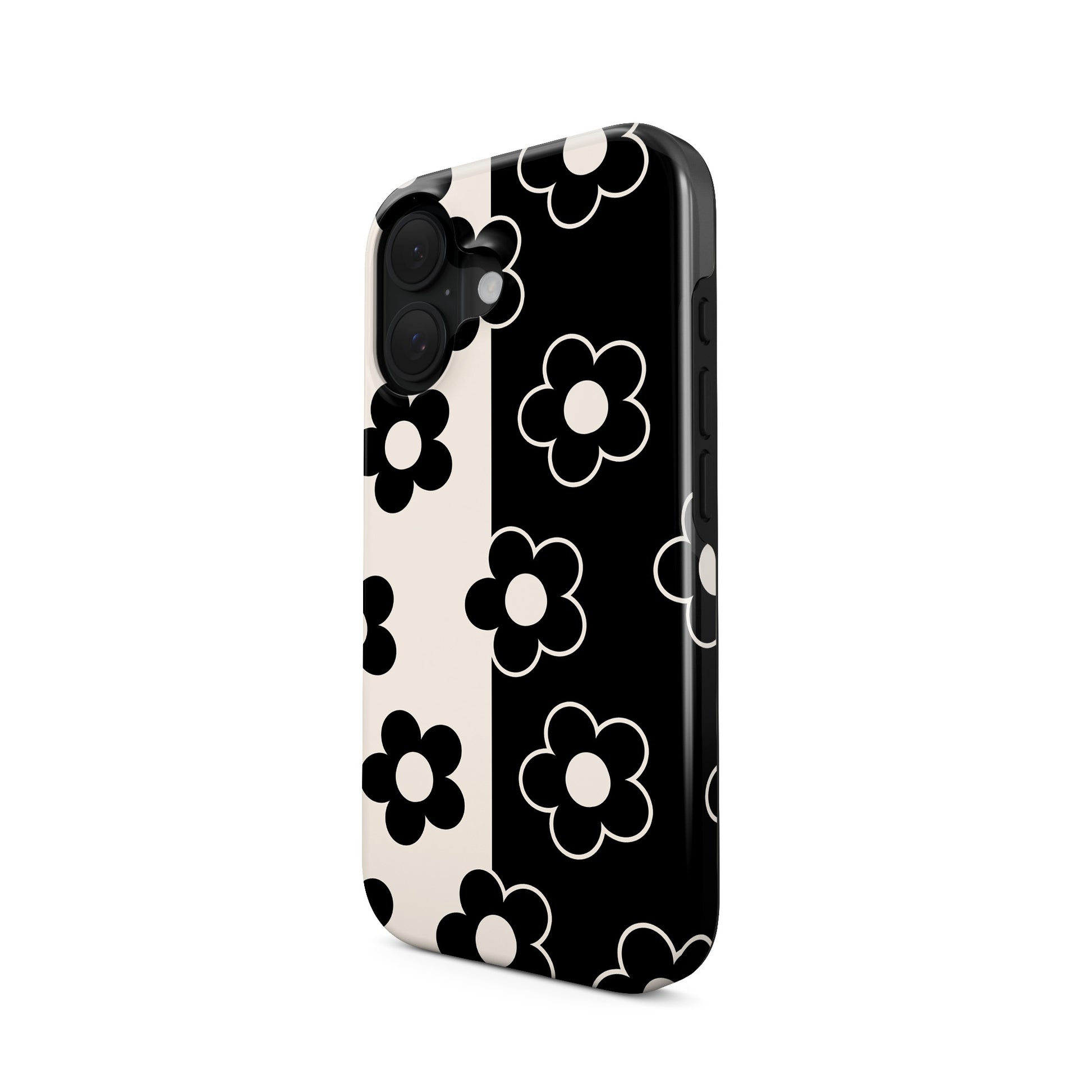 Black and cream floral tough phone case with split background petal pattern design
