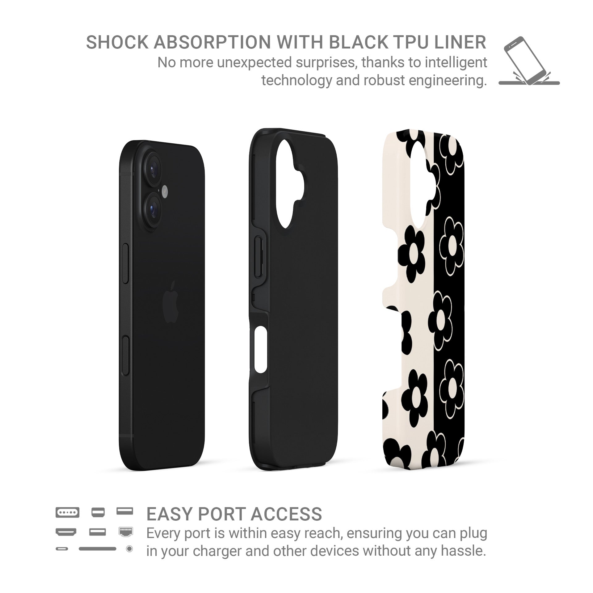 Black and cream floral tough phone case with split background petal pattern design