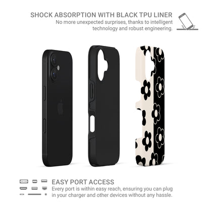Black and cream floral tough phone case with split background petal pattern design
