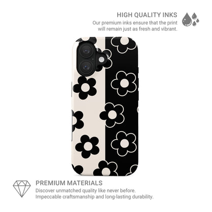 Black and cream floral tough phone case with split background petal pattern design