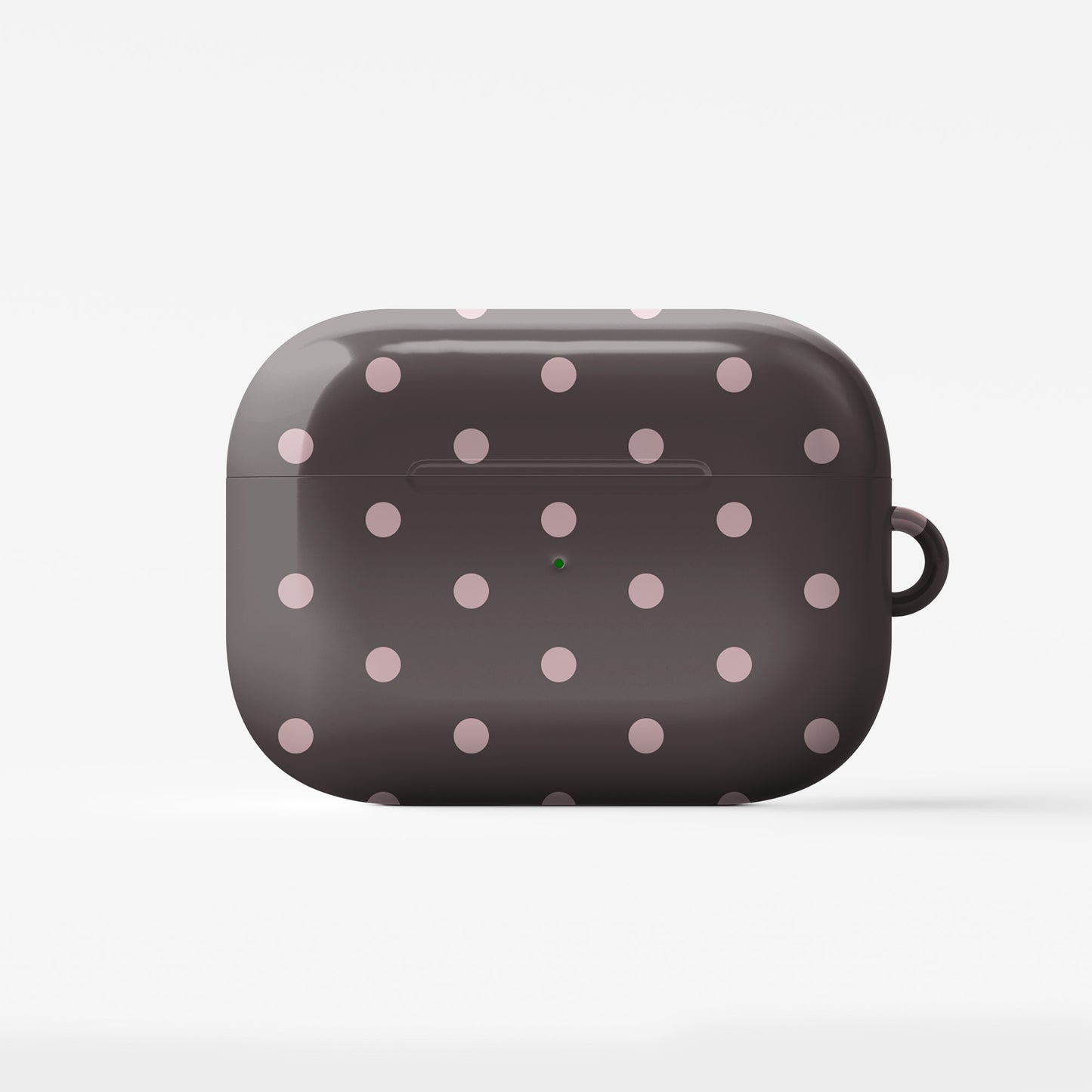 Strawberry Drops AirPods Case featuring small strawberry-pink polka dots on a rich cocoa-brown background.