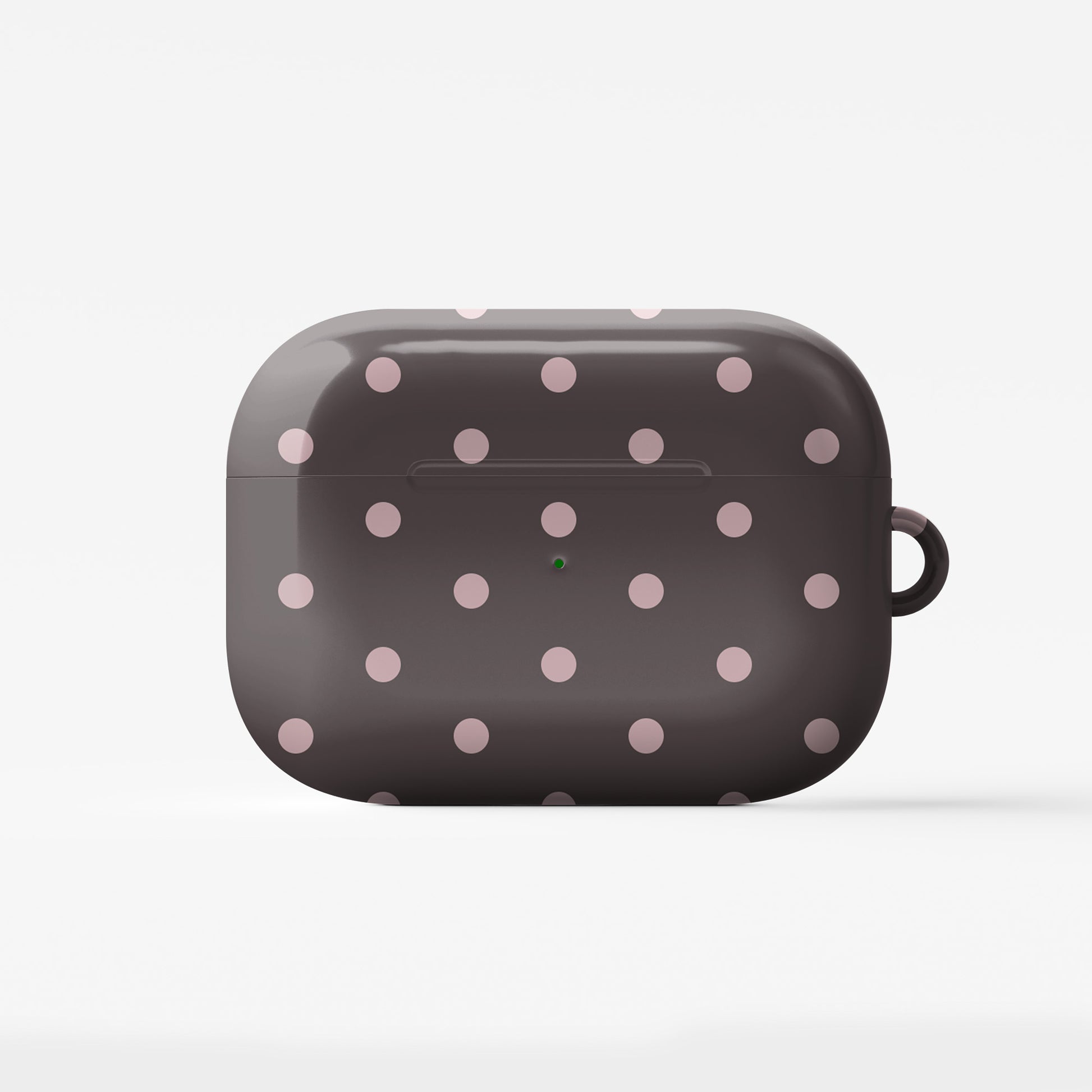 Strawberry Drops AirPods Case featuring small strawberry-pink polka dots on a rich cocoa-brown background.