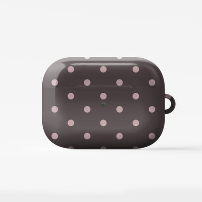 Strawberry Drops AirPods Case featuring small strawberry-pink polka dots on a rich cocoa-brown background.