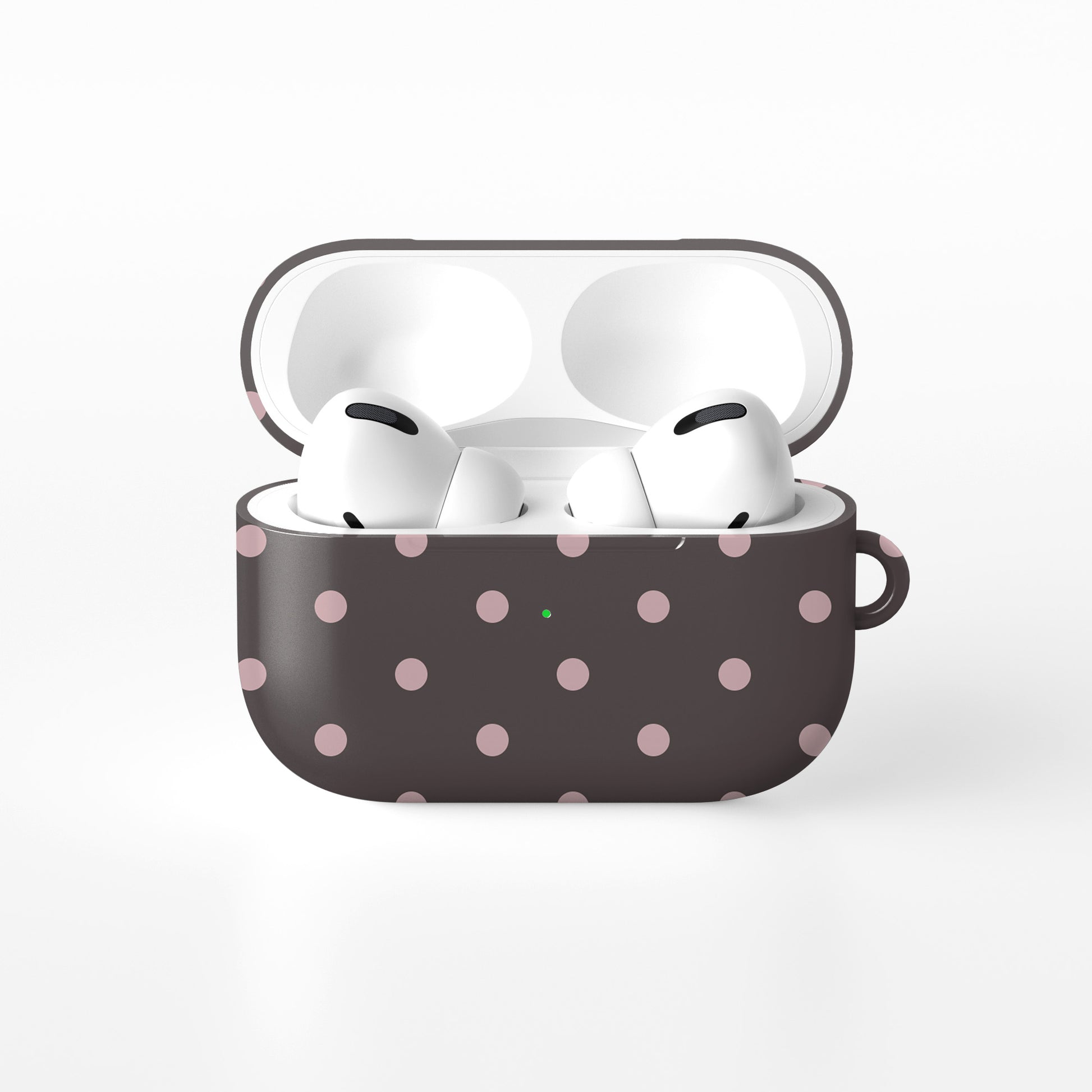 Strawberry Drops AirPods Case featuring small strawberry-pink polka dots on a rich cocoa-brown background.