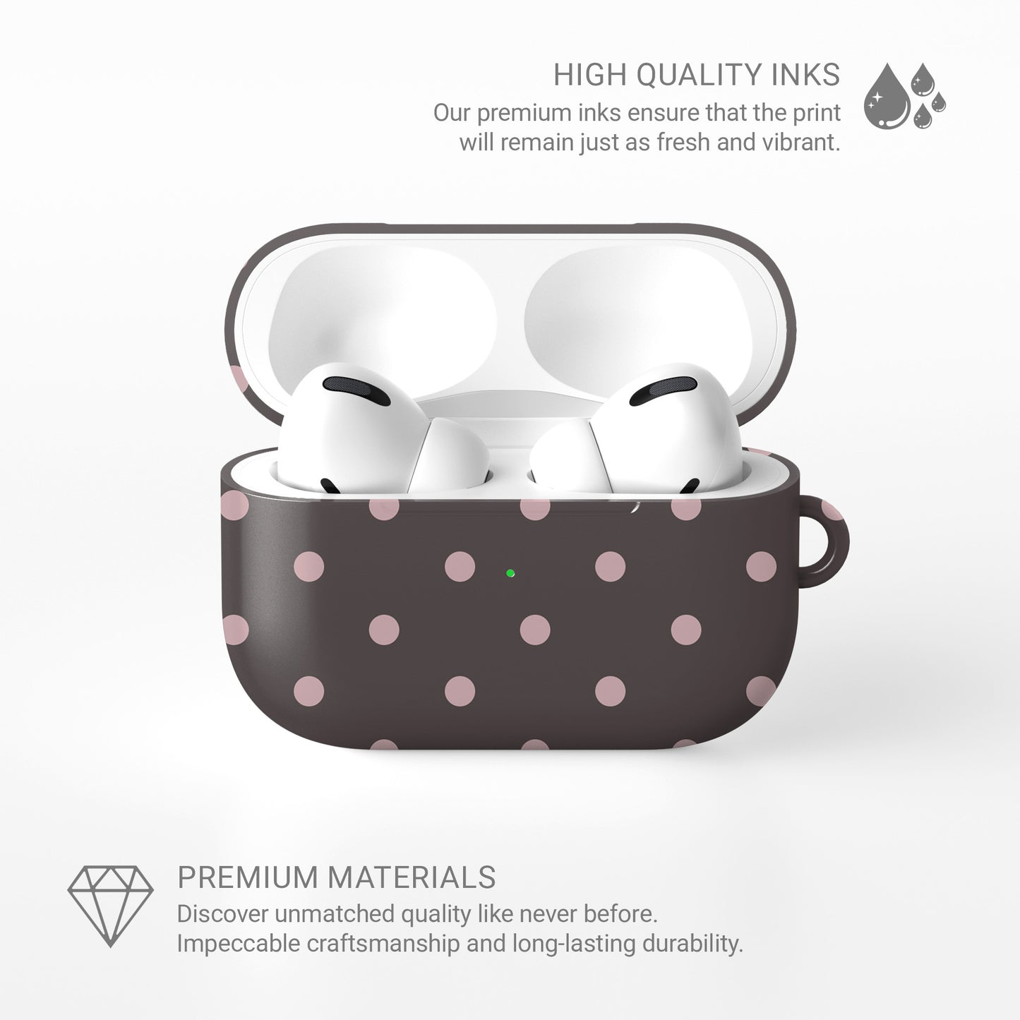 Strawberry Drops AirPods Case featuring small strawberry-pink polka dots on a rich cocoa-brown background.