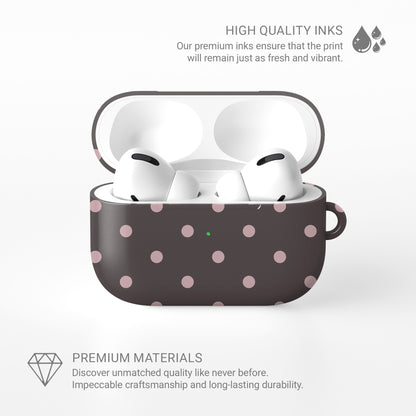 Strawberry Drops AirPods Case featuring small strawberry-pink polka dots on a rich cocoa-brown background.