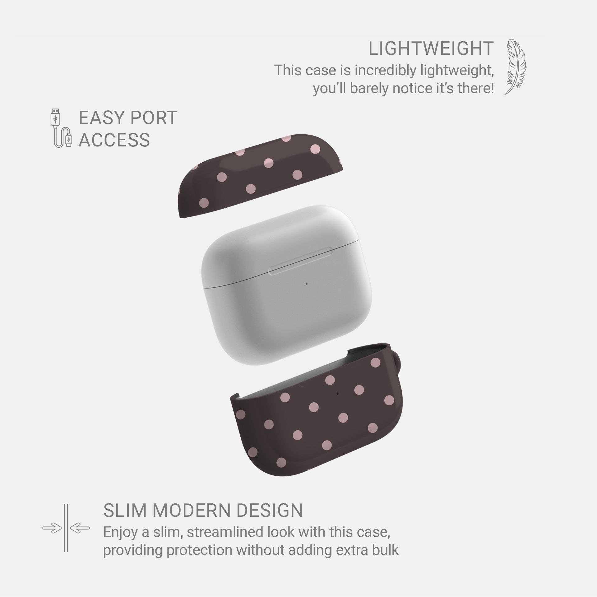Strawberry Drops AirPods Case featuring small strawberry-pink polka dots on a rich cocoa-brown background.