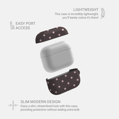 Strawberry Drops AirPods Case featuring small strawberry-pink polka dots on a rich cocoa-brown background.