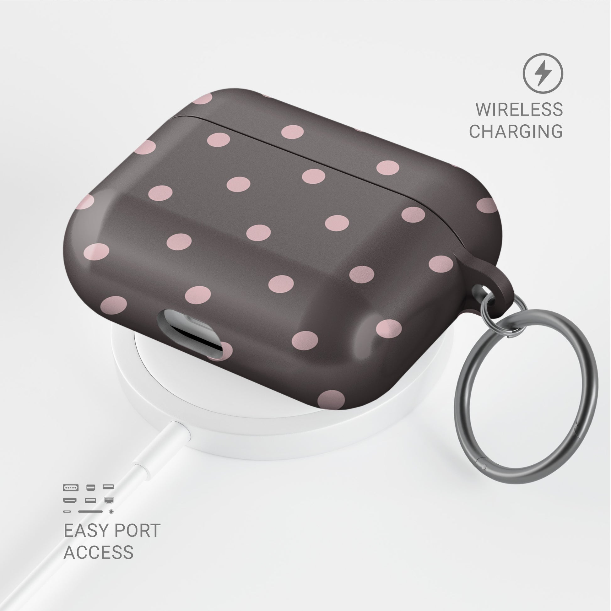 Strawberry Drops AirPods Case featuring small strawberry-pink polka dots on a rich cocoa-brown background.