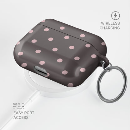 Strawberry Drops AirPods Case featuring small strawberry-pink polka dots on a rich cocoa-brown background.