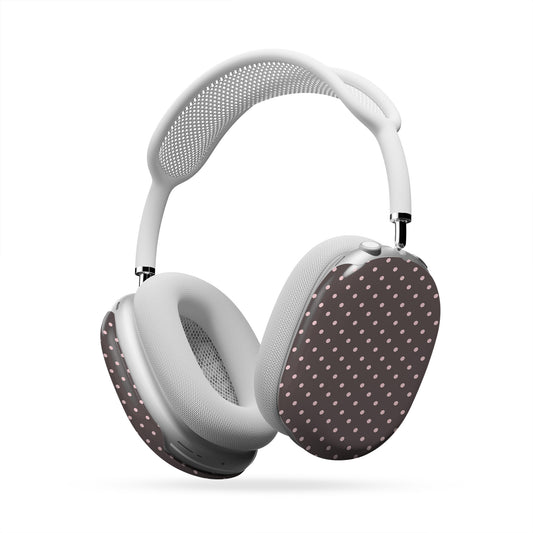 Strawberry Drops AirPods Max Covers featuring small strawberry-pink polka dots on a rich cocoa-brown background.