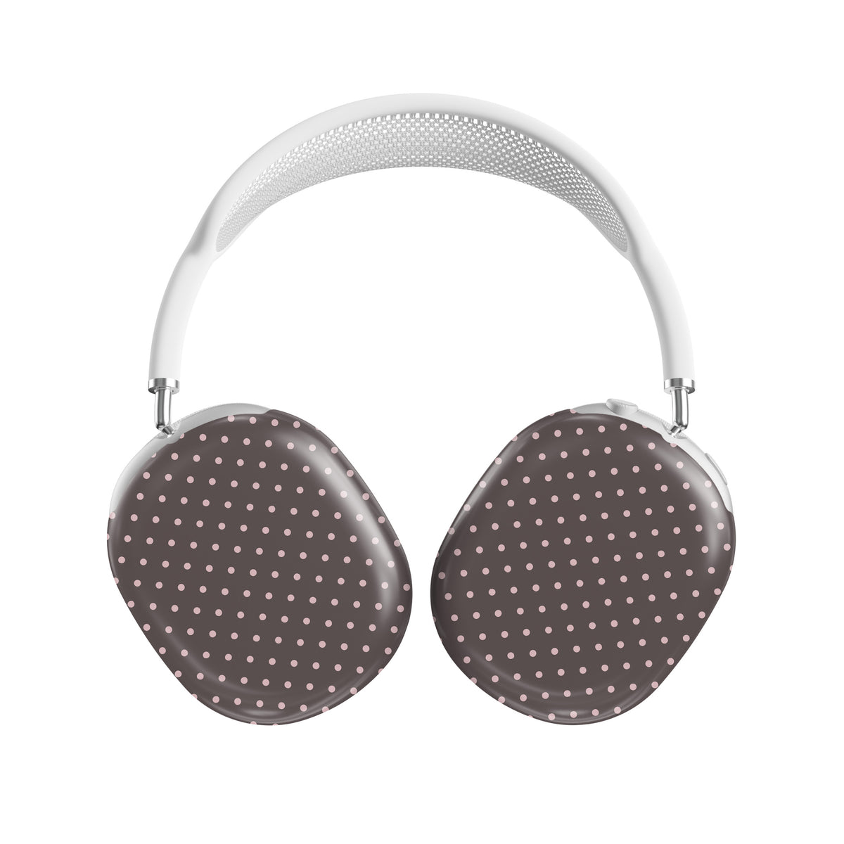 Strawberry Drops AirPods Max Covers featuring small strawberry-pink polka dots on a rich cocoa-brown background.