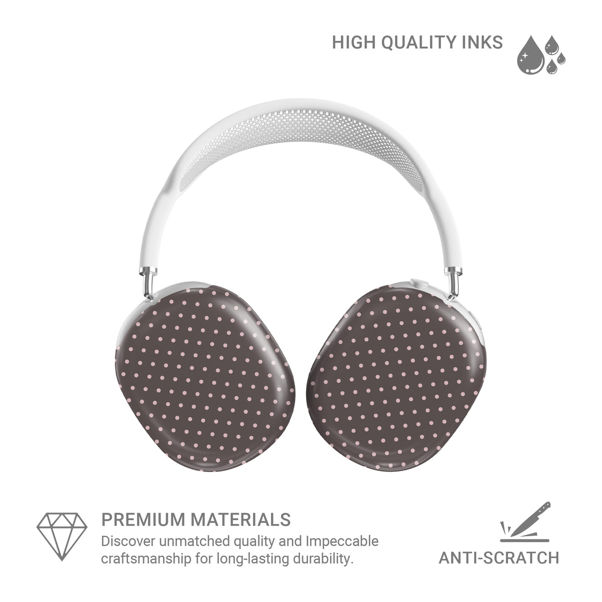 Strawberry Drops AirPods Max Covers featuring small strawberry-pink polka dots on a rich cocoa-brown background.