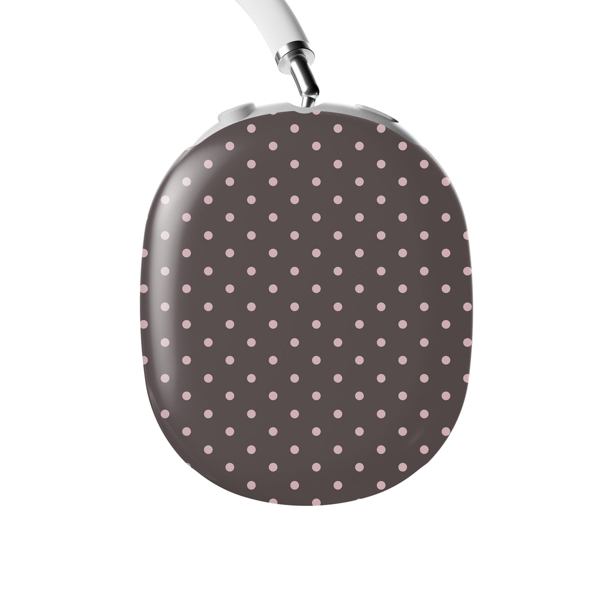 Strawberry Drops AirPods Max Covers featuring small strawberry-pink polka dots on a rich cocoa-brown background.