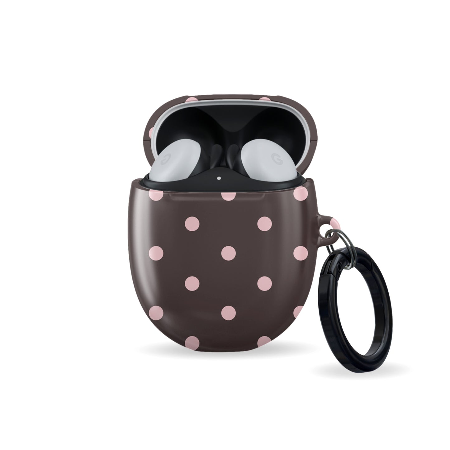 Strawberry Drops Pixel Buds Case featuring small strawberry-pink polka dots on a rich cocoa-brown background.