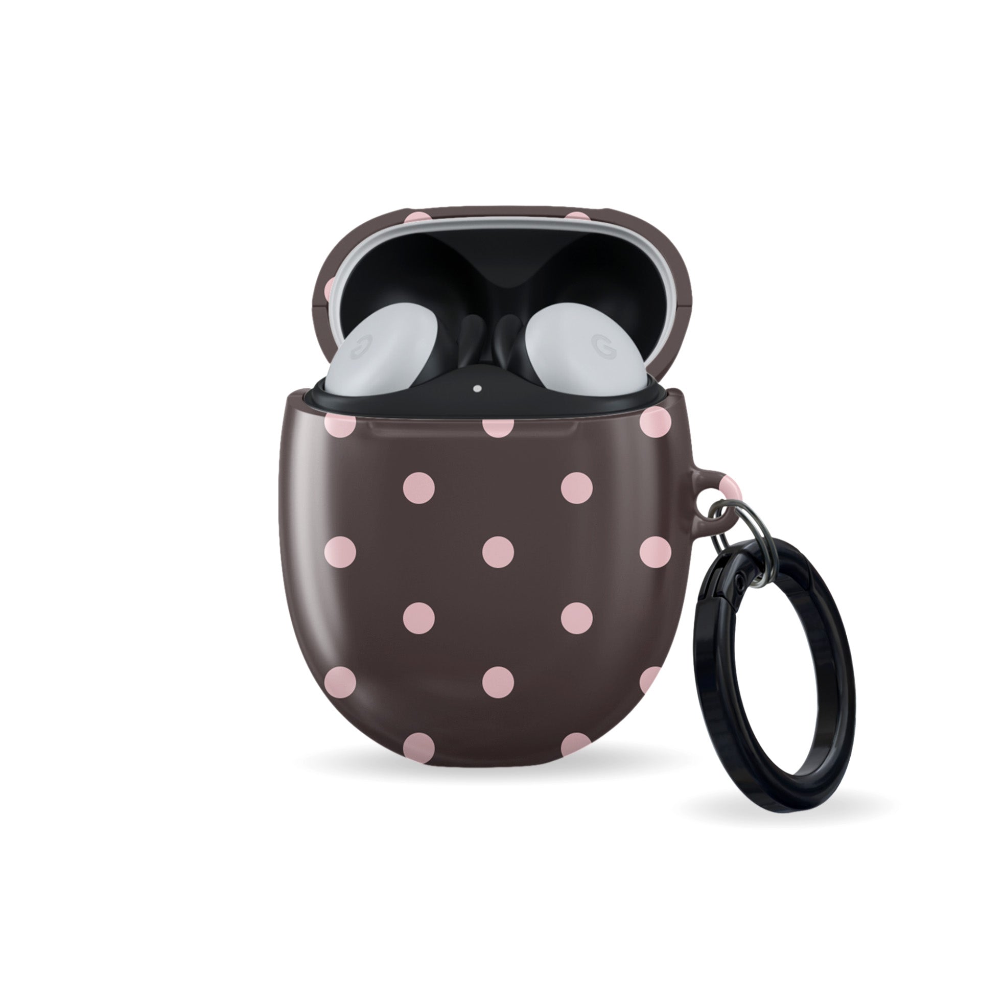 Strawberry Drops Pixel Buds Case featuring small strawberry-pink polka dots on a rich cocoa-brown background.