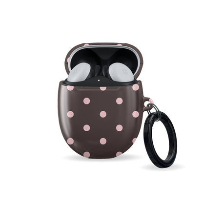 Strawberry Drops Pixel Buds Case featuring small strawberry-pink polka dots on a rich cocoa-brown background.