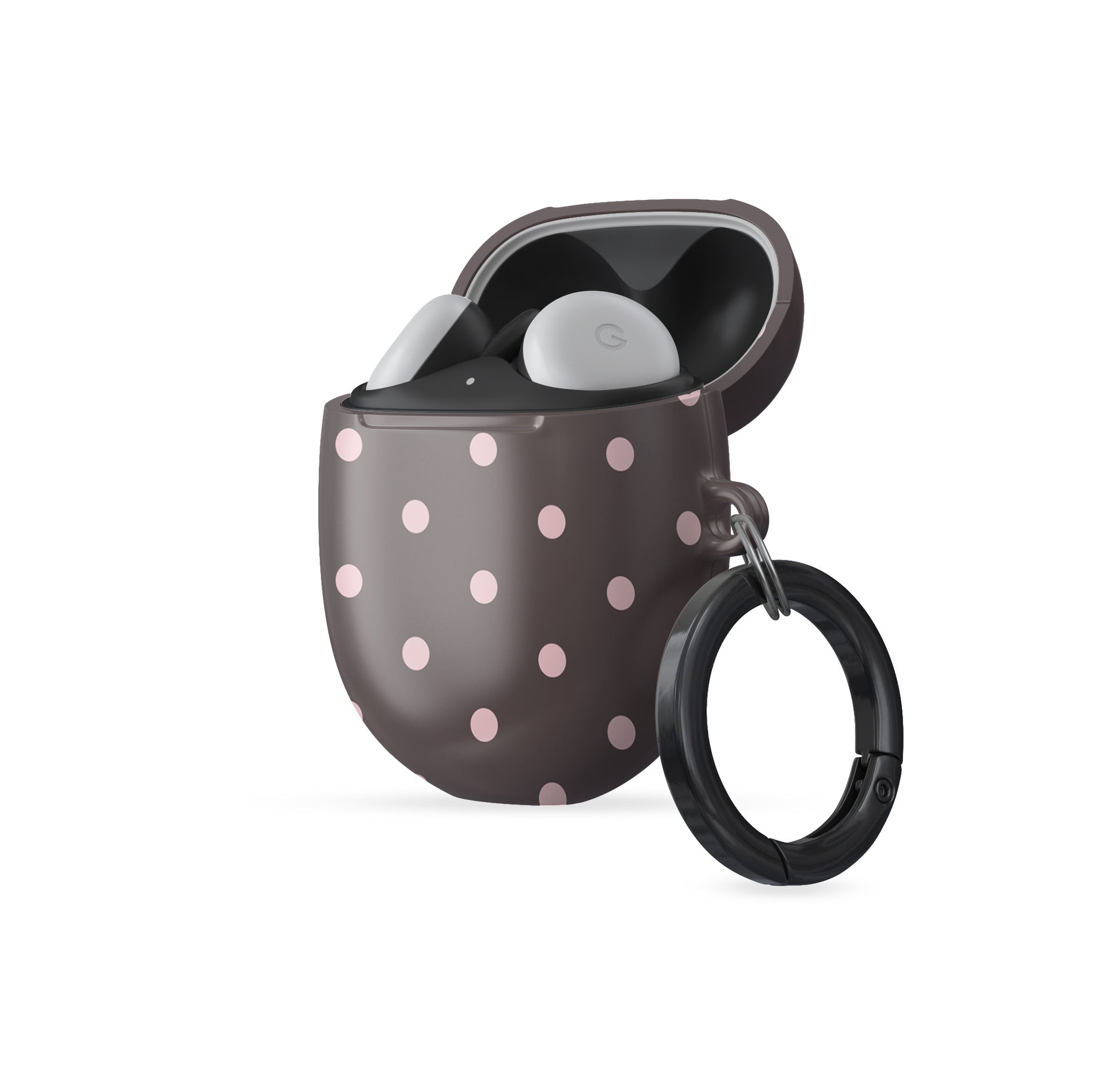 Strawberry Drops Pixel Buds Case featuring small strawberry-pink polka dots on a rich cocoa-brown background.