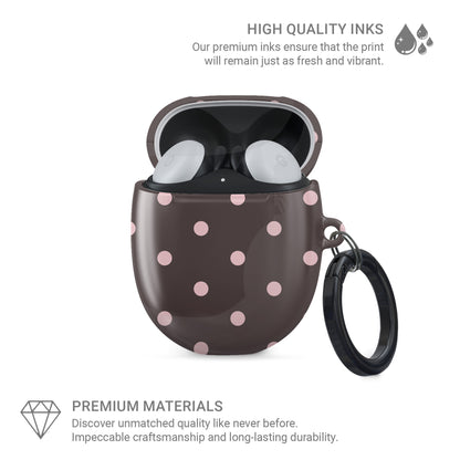 Strawberry Drops Pixel Buds Case featuring small strawberry-pink polka dots on a rich cocoa-brown background.