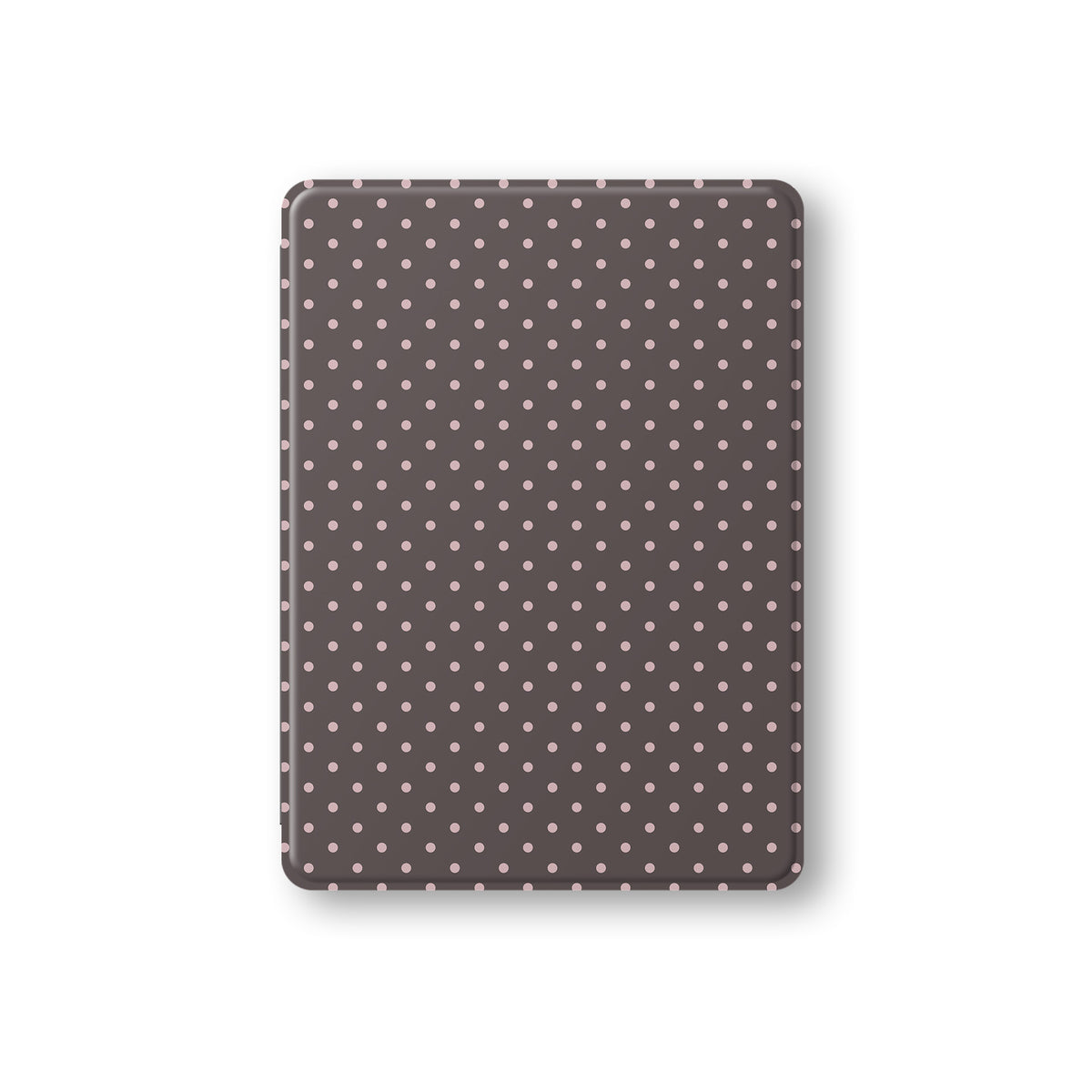 Strawberry Drops iPad Folio Case featuring small strawberry-pink polka dots on a rich cocoa-brown background.