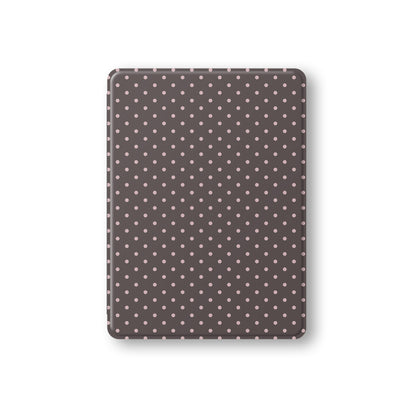 Strawberry Drops iPad Folio Case featuring small strawberry-pink polka dots on a rich cocoa-brown background.