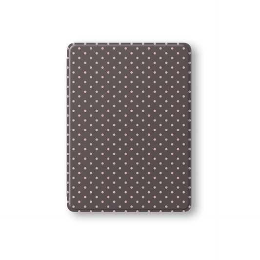 Strawberry Drops iPad Folio Case featuring small strawberry-pink polka dots on a rich cocoa-brown background.