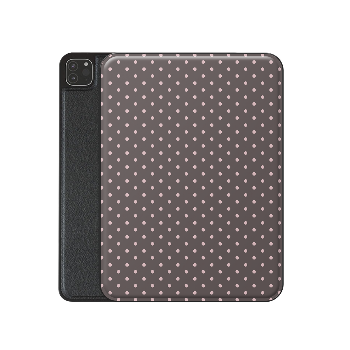Strawberry Drops iPad Folio Case featuring small strawberry-pink polka dots on a rich cocoa-brown background.