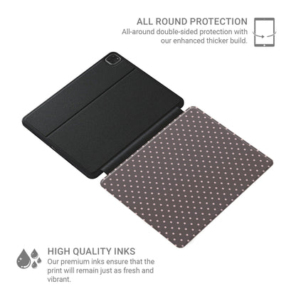 Strawberry Drops iPad Folio Case featuring small strawberry-pink polka dots on a rich cocoa-brown background.