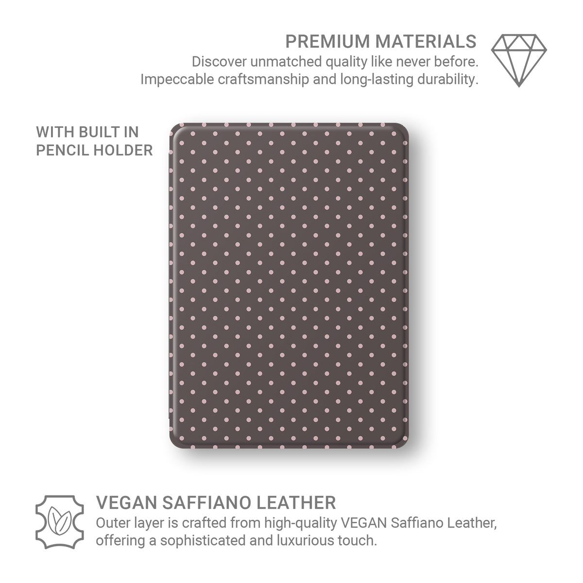 Strawberry Drops iPad Folio Case featuring small strawberry-pink polka dots on a rich cocoa-brown background.