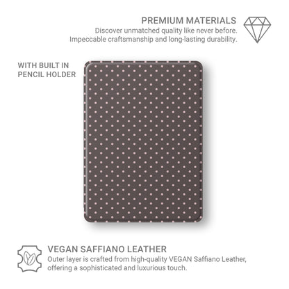 Strawberry Drops iPad Folio Case featuring small strawberry-pink polka dots on a rich cocoa-brown background.