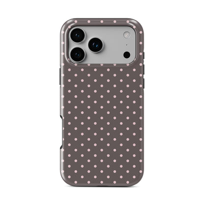 Strawberry Drops MagSafe Tough Case featuring small strawberry-pink polka dots on a rich cocoa-brown background.