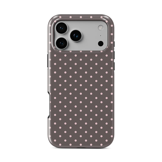 Strawberry Drops MagSafe Tough Case featuring small strawberry-pink polka dots on a rich cocoa-brown background.
